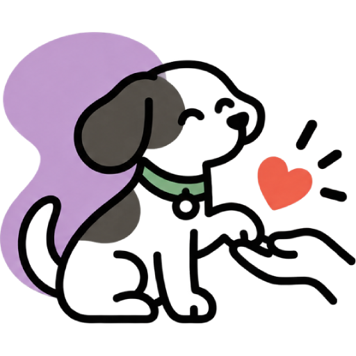 An illustration of a happy spotted puppy sitting down and giving its paw to a human hand, featuring a small red heart and a purple background accent