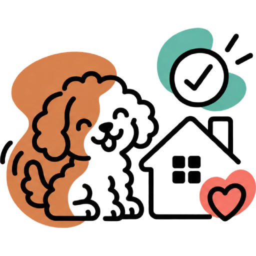 An icon-style illustration features a cute, curly-haired dog sitting next to a house with a heart in front of it and a checkmark symbol overhead