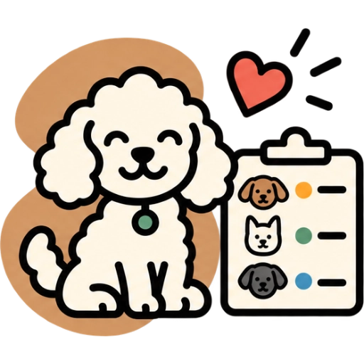 An illustration of a smiling, fluffy white dog wearing a collar, sitting next to a clipboard displaying a checklist of various dog faces and colored dots under a floating red heart