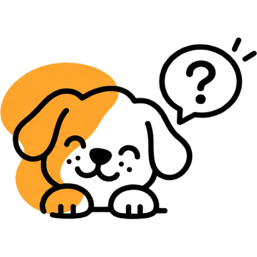 A cute line-art illustration features a smiling puppy peering over a ledge next to a speech bubble containing a large question mark