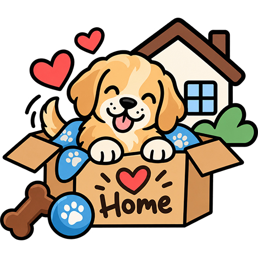 A cute cartoon illustration of a cheerful golden puppy sitting in a cardboard box labeled "Home," surrounded by floating red hearts, a toy ball, a bone treat, and a small house in the background
