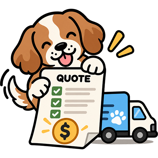 A cartoon illustration of a cheerful brown-and-white puppy holding a checklist labeled "QUOTE" featuring a large gold dollar sign, standing in front of a delivery truck with a paw print logo