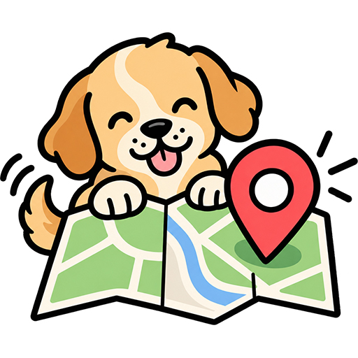 A cheerful cartoon puppy wags its tail while looking over an unfolded map marked with a large red location pin